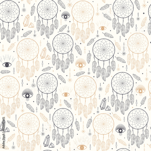 Hand drawn seamless pattern of dreamcatcher, feather, star, eye, diamond. Bohemian talisman, boho ethnic style, magic tribal symbol. Vector sketch illustration for wallpaper, wrapping paper