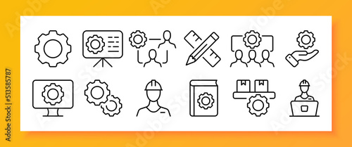 Construction site set icon. Gear, build, builder, building, draw, pencil, ruler, hand, computer monitor, protective helmet, book. Technology concept. Vector line icon for Business and Advertising