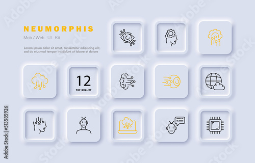 Computer technologies set icon. Gear, settings, cloud storage, sync, view, vision, share, planet, internet, robot, chip. Metaverse concept. Neomorphism. Vector line icon for Business and Advertising