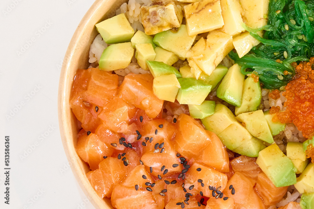 poke with chicken, salmon and avocado