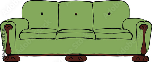 Old Green and Wooden Sofa Vector Illustration Hand Drawn isolated over white.