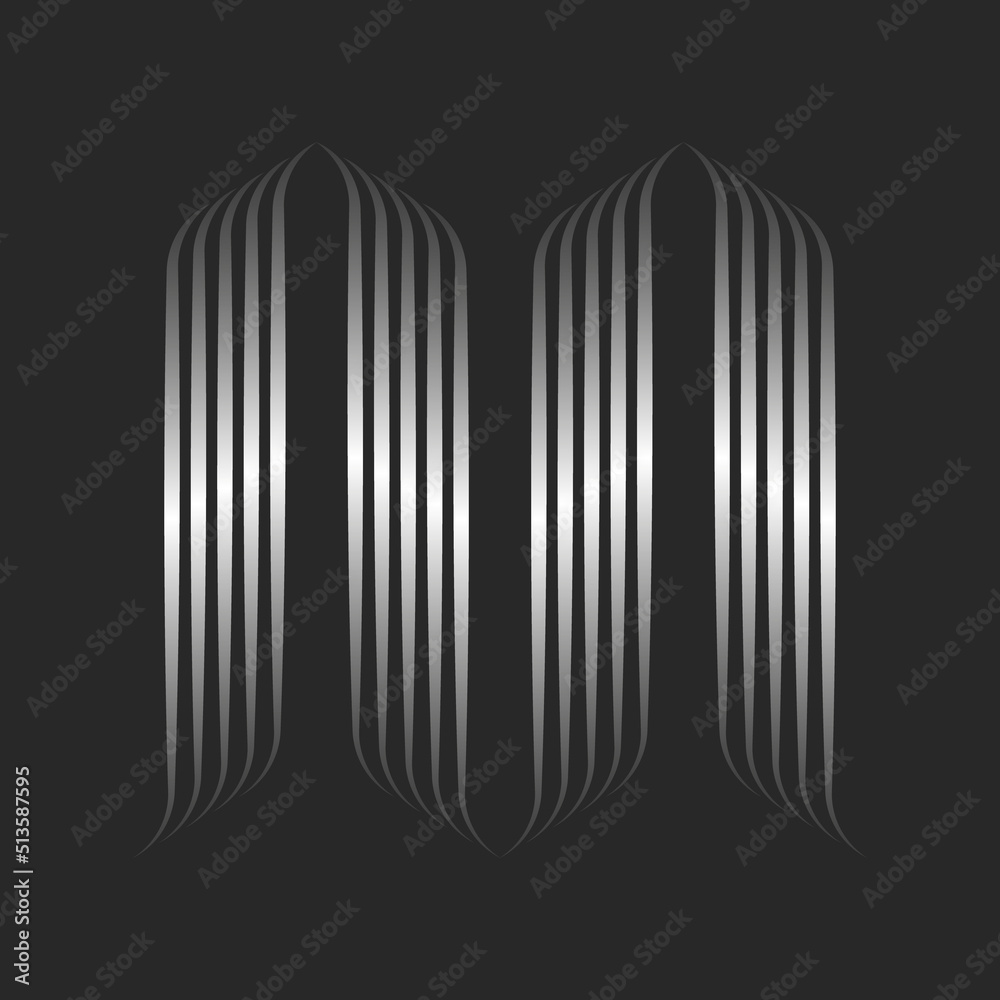 Obraz premium Letter M logo creative monogram Gothic style, 3d effect wave shape, silver gradient stripes from smooth thin parallel lines, creative calligraphic initial.