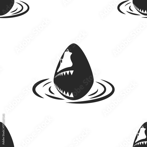 Big white shark head seamless pattern negative space, jaws with sharp teeth fish predator front view, white and black illustration for fabric print background.