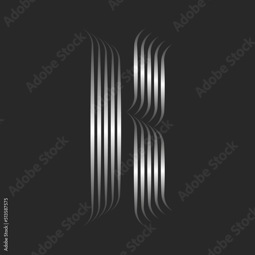 Letter K logo creative monogram Gothic style, metallic effect silver gradient stripes from smooth thin parallel lines, creative calligraphic logotype.