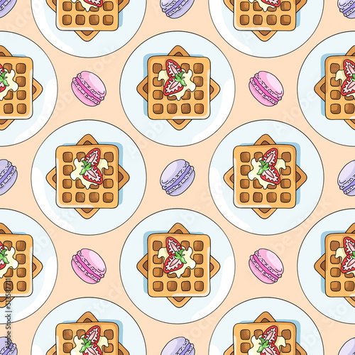 Viennese waffles, breakfast, vector seamless pattern in the style of doodles, hand-drawn