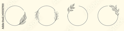 Colllection of round hand drawn frames with botanical elements. Floral wreaths set. Vector EPS 10
