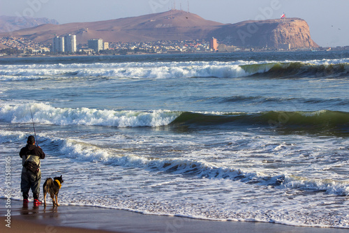 fisherman with his dog on the beach at sunset