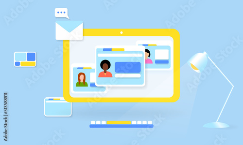 CV with black woman on screen desktop. Search and select professional staff. Recruitment and employment. Vector 3d illustration.