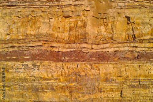 Closeup of layered stone and detail. Remote and textured background layers of earth, sedimentary minerals, stones with copyspace. Mining underground geological strata rock or sand for geology studies