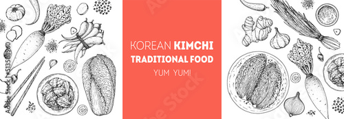 Kimchi cooking and ingredients for kimchi, sketch illustration. Korean cuisine frame. Healthy food, design elements. Hand drawn, package design. Asian food