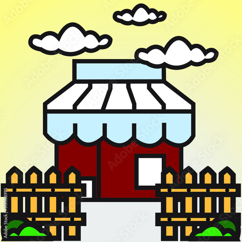 house and landscape illustration design with fence and cloudy sky in the afternoon