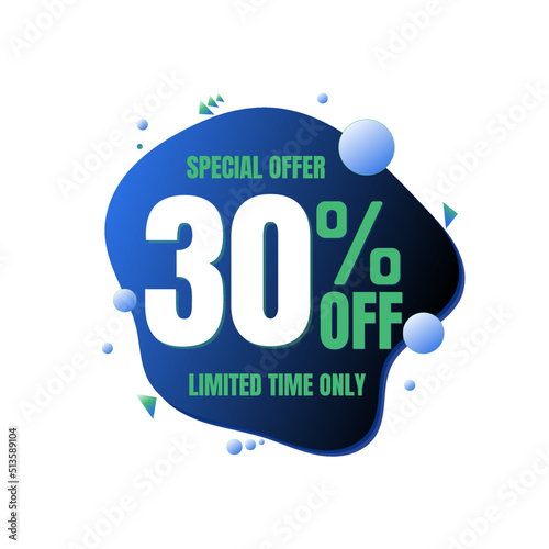 30% off, special offer, limited time only. 3D blue and green bubble design. Super discount online coupon. vector illustration, Thirty