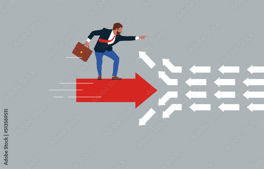 Businessman ride on red arrow breaking the order. Make Better Decisions. Businessman ride on red arrow breaking the order. Make Better Decisions.