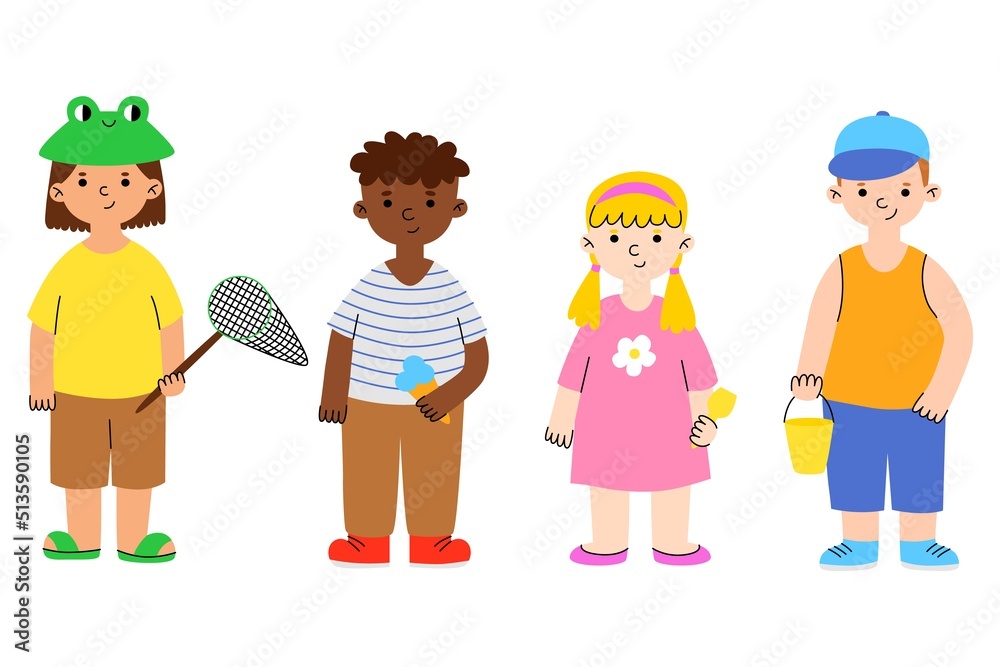 Set cute kids on summer vacation. Happy diversity children play in the sandbox, eat ice cream and catch butterflies. Kindergarten children have fun on a walk. Set cute kids on summer vacation. Happy diversity children play in the sandbox, eat ice cream and catch butterflies. Kindergarten children have fun on a walk.
