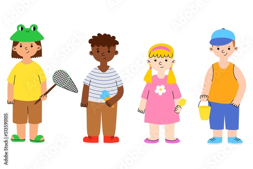 Set cute kids on summer vacation. Happy diversity children play in the sandbox, eat ice cream and catch butterflies. Kindergarten children have fun on a walk.