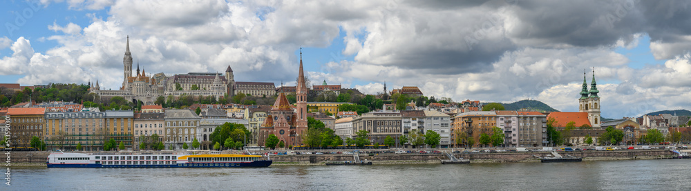 Panoramic view of Buda side of Budapest, Hungary with the Buda Castle, St. Matthias and Fishermen's Bastion