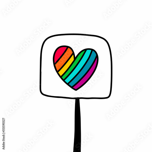 Rainbow heart symbol on sigh hand drawn vector illustration in cartoon doodle style