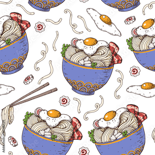 Bowl noodles seamless pattern. Ramen bowl background. Asian food. Chinese, Korean, Japanese cuisine. Design template. Hand drawn vector illustration.