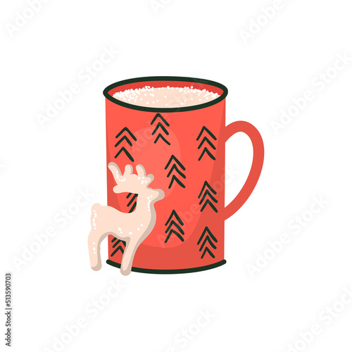 Christmas hot drink in colorful mug. Detailed New Years illustrations.