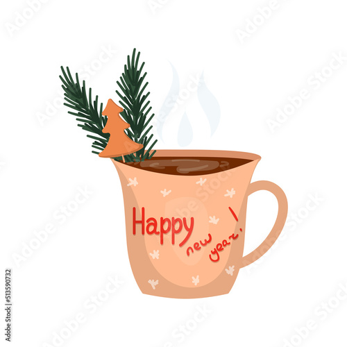 Christmas hot drink in colorful mug. Detailed New Years illustrations.