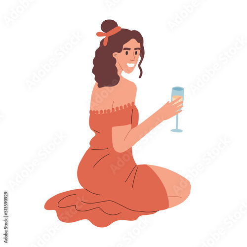 A beautiful girl is squatting drinking champagne. female alcoholism at a picnic. Summer holidays