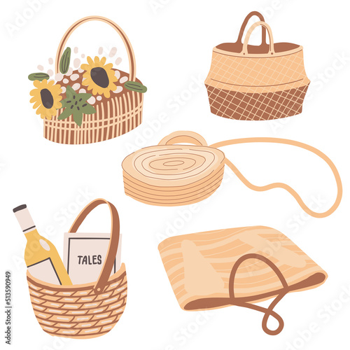 A set of woven bags. Wicker picnic baskets. Summer women's fashion handbag and wine