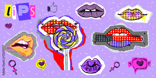 Vector abstract set of lips in collage style. Psychedelic illustration. trippy