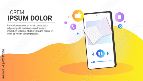 web banner template Flat illustration listen online audio book in phone