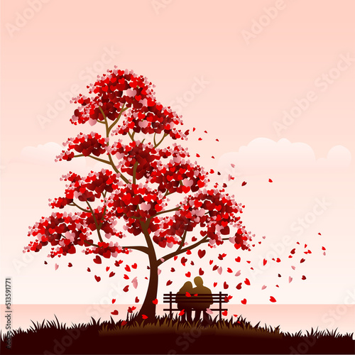 Tree of love from red hearts. Romantic dating couple silhouette under love tree.