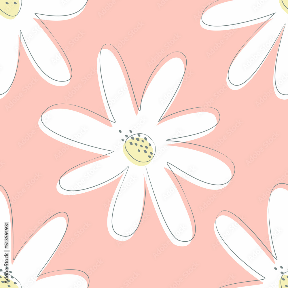 Summer print with chamomile flowers. Seamless pattern with big white flowers on a pink background. Vector illustration Summer print with chamomile flowers. Seamless pattern with big white flowers on a pink background. Vector illustration