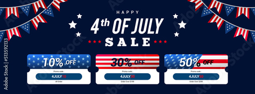 Happy 4th of July sale coupon template banner vector illustration. American flag garland