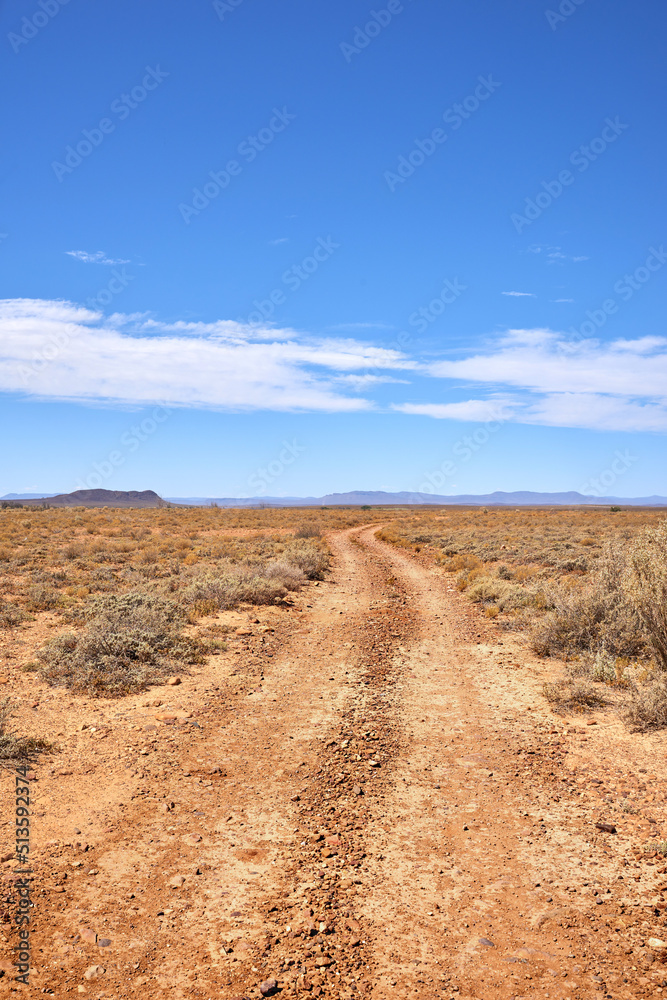 Landscape of arid, barren highland in Savanna Desert in rural South Africa with copyspace. Dry, empty, vacant, remote land against blue sky. Global warming and climate change in drought environment