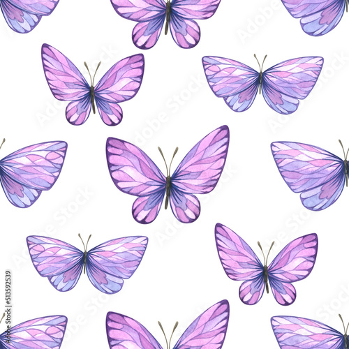 Purple-pink butterflies  abstract with a pattern. Watercolor illustration. Seamless pattern from a large Lavender SPA set. For textiles  fabrics  prints  wallpaper  covers  paper  clothing.