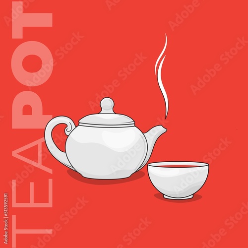 Teapot with hot water effect and cup vector illustration for template design