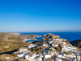 Breathtaking aerial panoramic view over Chora, Kythera by the Castle at sunset. Majestic scenery over Kythera island in Greece, Europe