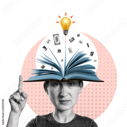 Head with an open book and a light bulb as a metaphor for a new idea. Art collage. photo