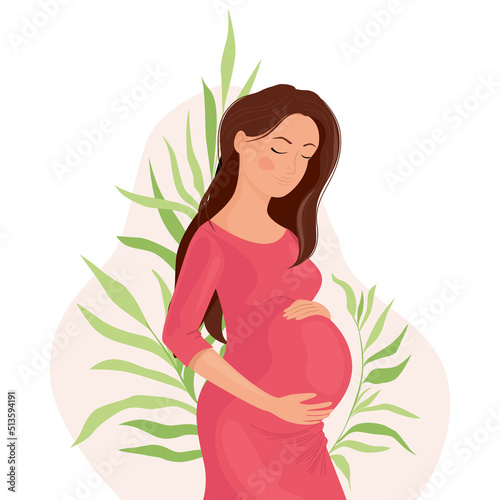 Happy pregnant woman holding her belly on a background with leaves, the birth of life. Pregnancy and motherhood. Happy pregnancy.