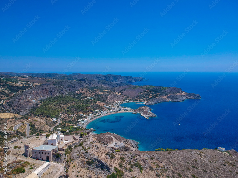 Breathtaking aerial panoramic view over Chora, Kythera by the Castle at sunset. Majestic scenery over Kythera island in Greece, Europe