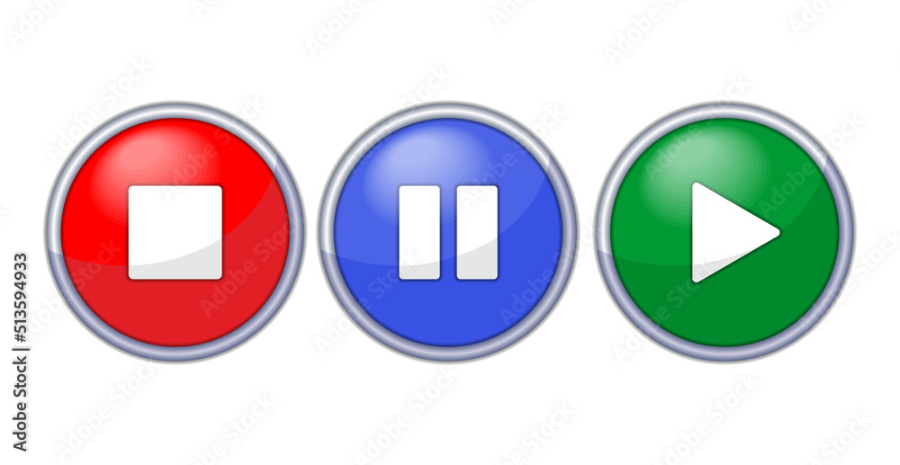 Realistic Stop, pause, start buttons for media player. Vector template for web design on transparent background Realistic Stop, pause, start buttons for media player. Vector template for web design on transparent background