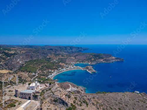 Breathtaking aerial panoramic view over Chora, Kythera by the Castle at sunset. Majestic scenery over Kythera island in Greece, Europe