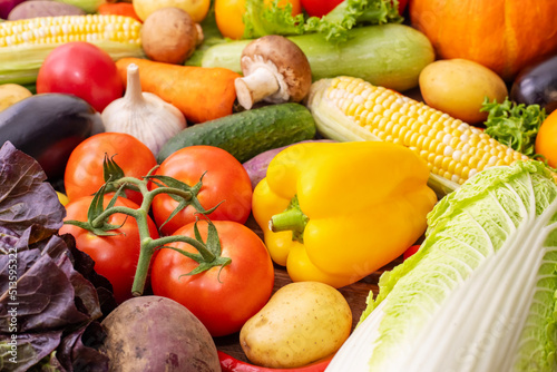 Healthy food background. Assortment of fresh vegetables. Harvest of vegetables