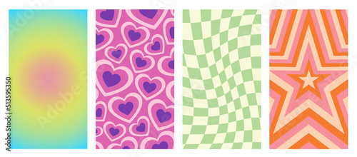 Set Of Geometric Star,heart,aura gradient ,chess borad Abstract Backgrounds. Lovely Vibes Posters Design. Trendy Y2K Illustration. photo