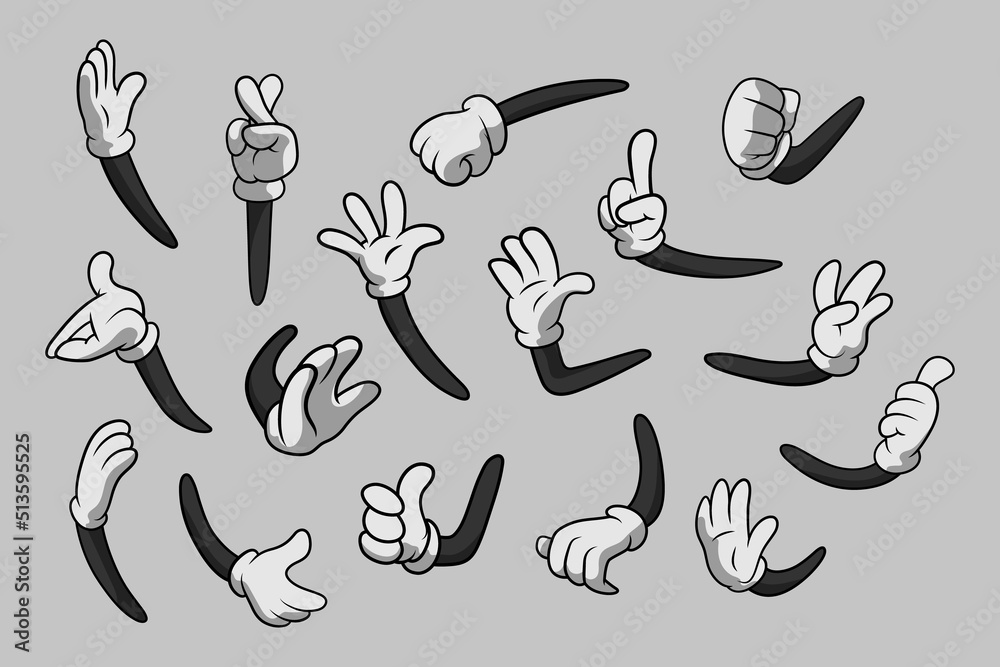 Retro Cartoon Gloved Hands Gestures. Cartoon Hands with Gloves Icon Set Isolated. Vector Clipart - Parts of Body, Arms in White Gloves. Hand Gesture Collection. Design Templates for Graphics Retro Cartoon Gloved Hands Gestures. Cartoon Hands with Gloves Icon Set Isolated. Vector Clipart - Parts of Body, Arms in White Gloves. Hand Gesture Collection. Design Templates for Graphics
