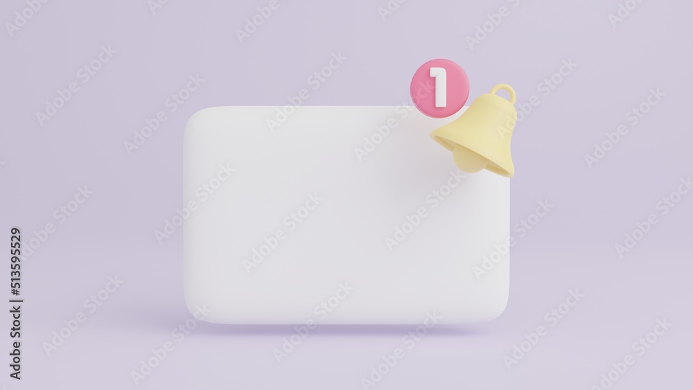 Notification bell icon and blank white frame on pastel purple background, 3D rendering with copy space, 3D Empty reminder popup, Push notification concept