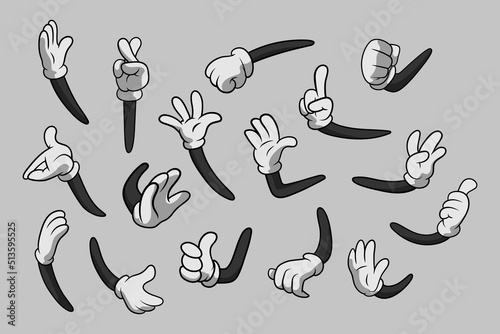Retro Cartoon Gloved Hands Gestures. Cartoon Hands with Gloves Icon Set Isolated. Vector Clipart - Parts of Body, Arms in White Gloves. Hand Gesture Collection. Design Templates for Graphics