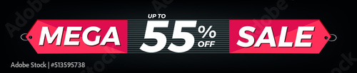 55% off. Horizontal black banner. Advertising for Mega Sale. Up to fifty-five percent discount for promotions and offers.