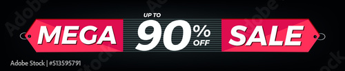 90% off. Horizontal black banner. Advertising for Mega Sale. Up to ninety percent discount for promotions and offers.