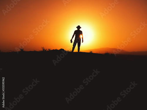 Fototapeta Naklejka Na Ścianę i Meble -  Silhouette of a man with fedora hat on sunset on a hill