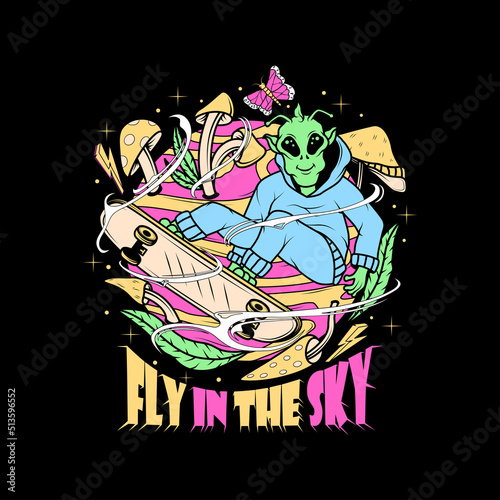 stockkkT-shirt design with alien skateboard illustration on planet
