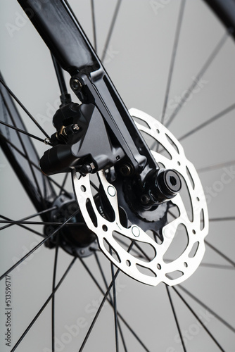 Bicycle brake rotor with hydraulic caliper. Brake system on a gravel bike